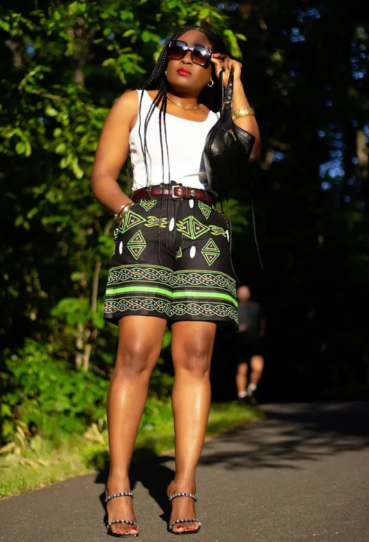 Green and Black African Print shorts Alyson Amber