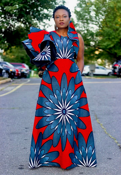 Batik Fleur Sleeves  Maxi | Dress - Red & Blue